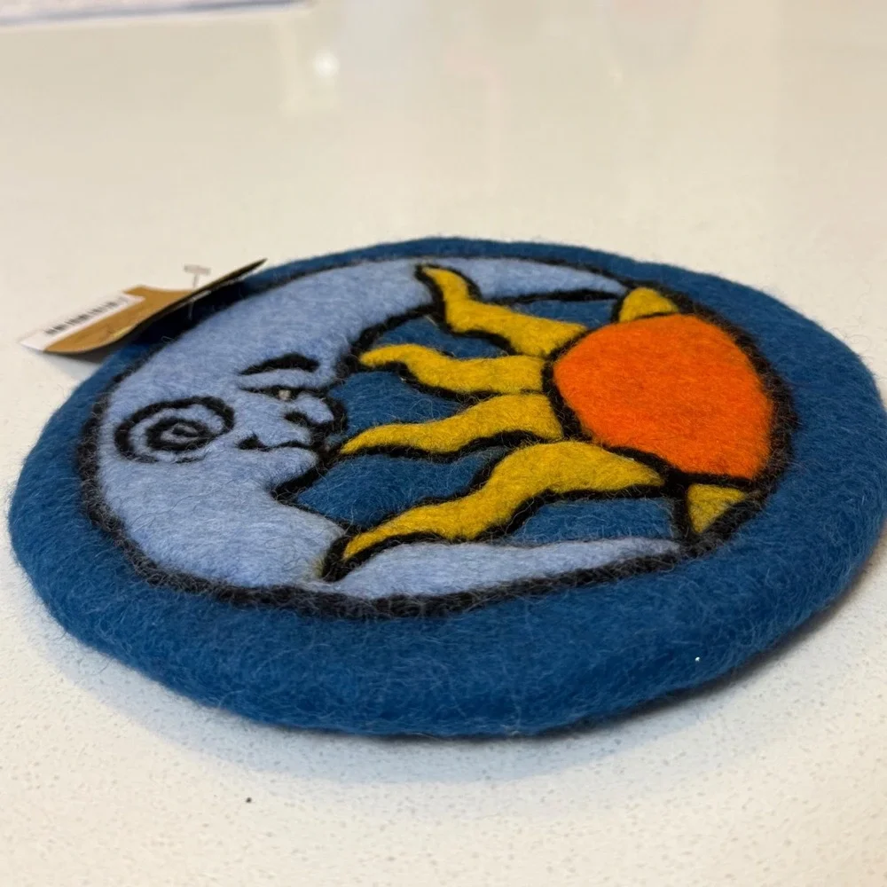 Lakhays Pop Art Felt Trivet Sun Moon Celestial Handmade‎ Wool Blue Yellow  New